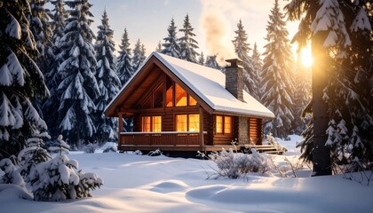 Cozy log cabin in snowy forest at sunrise