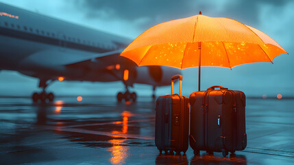 A futuristic depiction of travel insurance with a glowing umbrella and suitcase in front of an airplane