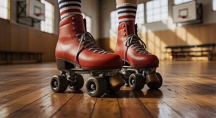 Person Wearing Red Roller Skates on a Wooden Floor