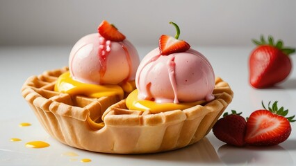 Strawberry ice cream scoops on waffle with sauce and fresh strawberries on a white surface view