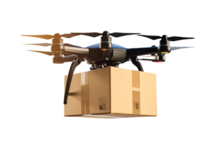 High-tech black hexacopter drone performs quick delivery, showcasing efficient aerial