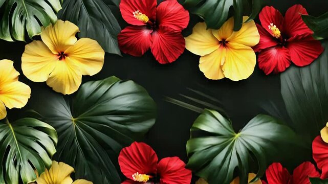 Tropical flowers and palm leaves creating exotic background