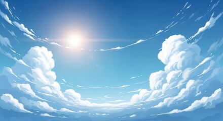 Bright Sunlit Sky with Fluffy White Clouds and Clear Blue Atmosphere