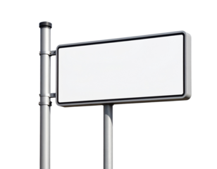 Horizontal blank white sign board with rounded corners, fixed atop a tall gray metal