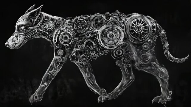 Mechanical dog made of gears and metal parts on dark background, steampunk animal concept in black and silver