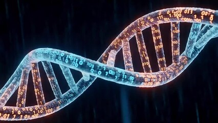 Digital DNA: Animated Binary Code Helix, Futuristic Genetic Technology and Data Stream Visualization, Perfect for Biotech, Science and Healthcare Projects - Powered by Adobe
