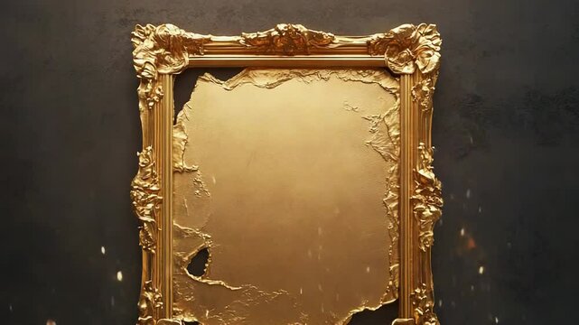 Golden ornate frame showing a damaged painting on dark background