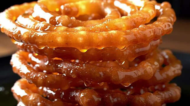 Delicious jalebi stack awaits, highlighting the glistening syrup and intricate swirl design of this traditional dessert.