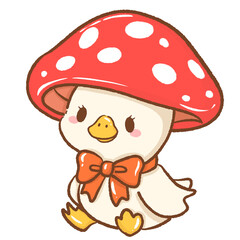 Cute hand drawn kawaii silly goose wearing a mushroom as a hat whimsical forest illustration perfect for fairy tale themes magical nature designs children books stickers stationery and crafts