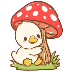 Cute hand drawn kawaii silly goose hugging a big mushroom charming whimsical forest illustration perfect for fairy tale themes magical nature designs children books stickers stationery and crafts