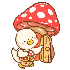 Adorable hand drawn kawaii silly goose opening a door to a mushroom cottage whimsical fairy tale illustration perfect for magical forest themes nature designs children books stickers and crafts