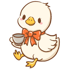 Cute hand drawn kawaii silly goose drinking tea charming cozy illustration perfect for fairy tale themes magical forest designs autumn nature scenes children books stickers stationery and crafts