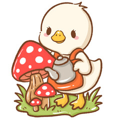 Adorable hand drawn kawaii silly goose watering mushrooms with a teapot whimsical forest illustration perfect for fairy tale themes magical nature designs children books stickers stationery and crafts