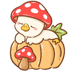 Cute hand drawn kawaii silly goose sleeping peacefully on a big pumpkin charming autumn harvest illustration perfect for fairy tale themes cozy nature designs children books stickers and crafts