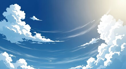 Bright Blue Sky with Fluffy White Clouds and Sunlight