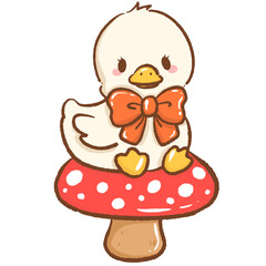 Cute hand drawn kawaii silly goose sitting on a big mushroom whimsical forest illustration perfect for fairy tale themes magical nature designs children’s books stickers stationery and crafts