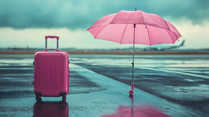 A pink suitcase and an umbrella on an airport runway symbolize travel insurance