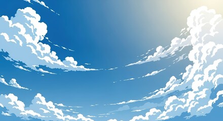 Bright Blue Sky with Fluffy White Clouds and Sunlight in Clear Weather