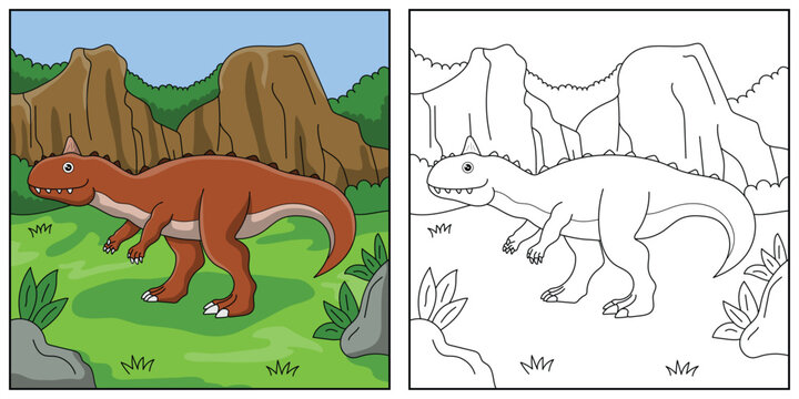 Cute cartoon dinosaur Rajasaurus, funny illustration, coloring book for kids and children.