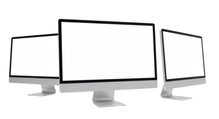 Three modern all-in-one desktop computers with silver stands & black frames, pristine blank white screens for copy space, isolated on a transparent studio background, slightly high angle shot, modern