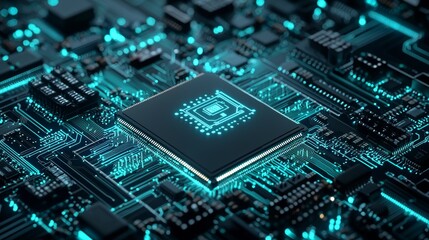 Fototapeta premium Electronic circuit board with a glowing microprocessor during late evening in a technology lab