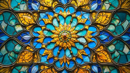 Intricate stained glass design showcasing vibrant colors and detailed patterns in a beautiful architectural setting