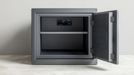 Modern empty safe with digital lock, showcasing sleek design and spacious interior for secure storage