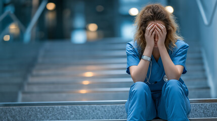 A tired nurse takes a moment on the hospital stairs before returning to work