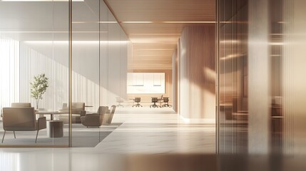 Modern office interior with glass partitions and light wood accents.