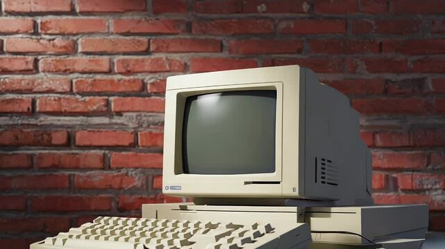 Old personal computer sitting on desk in front of brick wall
