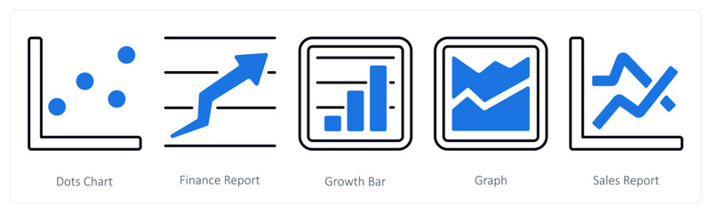 A set of 5 mix icons as dots chart, finance report, growth bar