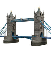 Iconic Tower Bridge, London, featuring distinctive twin grey Victorian Gothic towers with intricate details and golden finials, road deck, and blue suspension cables, isolated against a clean plain