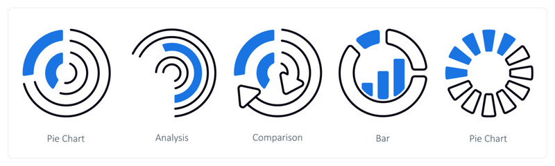 A set of 5 mix icons as pie chart, analysis, comparison