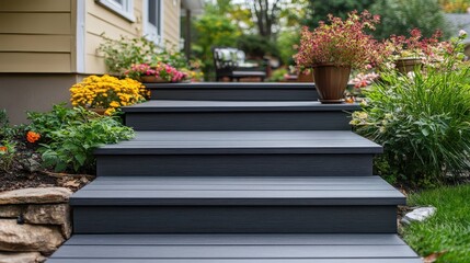 Fototapeta premium Dark grey composite steps leading to a house with garden flowers. Use in home improvement, design, or landscaping themed projects.