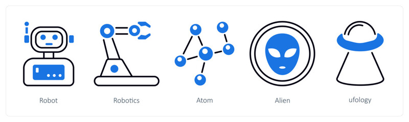 A set of 5 mix icons as robot, robotics, atom