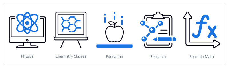 A set of 5 mix icons as physics, chemistry classes, education
