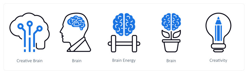 A set of 5 mix icons as creative brain, brain, brain energy