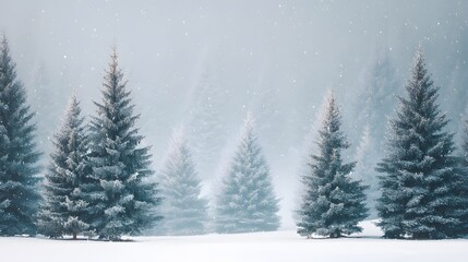 Fototapeta premium Snowy pine trees with soft snowfall in a quiet winter forest