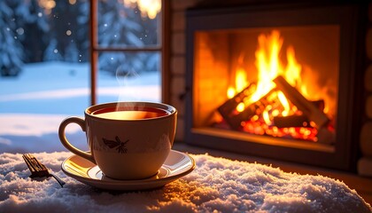Cozy winter scene with tea by fireplace