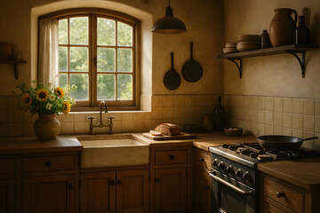 Fototapeta premium Rustic Farmhouse Kitchen with Sunflowers, Breadboard, and Sunlit Sink Area in Cozy Home Setting