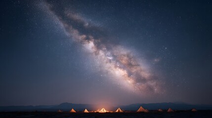Starry desert night with glowing campfire and tents under Milky Way