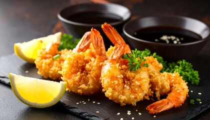 Crispy battered shrimp with lemon and sauce