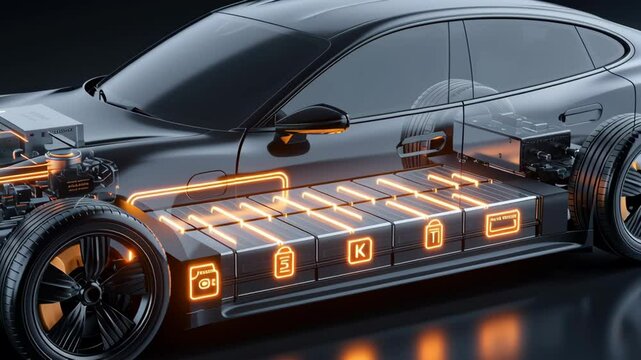 City charging network. Electric car with transparent body showcasing illuminated battery pack and motor system glowing orange light with sleek modern design and energy flow
