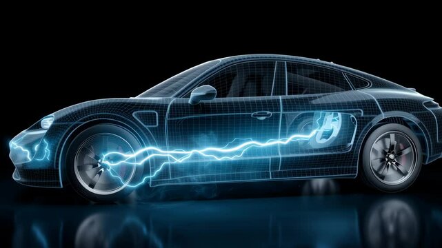 City charging network. Detailed digital illustration of electric sports car showcasing energy flow and glowing electric current with transparent body highlighting