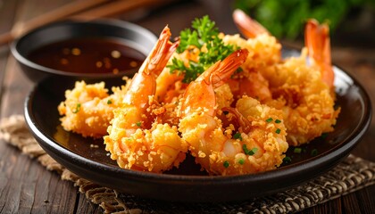Crispy fried shrimp, sauce, herbs