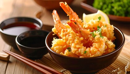 Crispy tempura shrimp in a bowl with dipping sauce