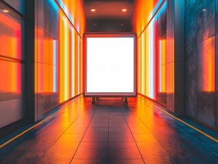 Empty billboard in a vibrant neon-lit urban passageway.