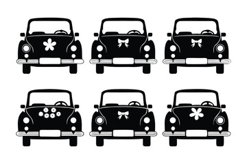 Wedding Car Icons: Six stylish wedding car icons, showcasing various hood ornaments, including flowers and bows, ideal for wedding invitations and stationery.