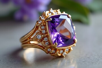Ornate gold ring with large cushion cut amethyst and diamonds gemstone