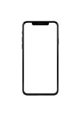 Modern black smartphone, minimalist unibody design, pristine blank white edge-to-edge screen with notch, perfectly centered on a seamless transparent studio background with high-key shadowless